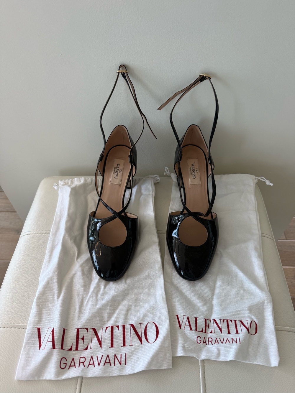 Valentino Garavani Black Patent Leather Ankle-Tie Pumps